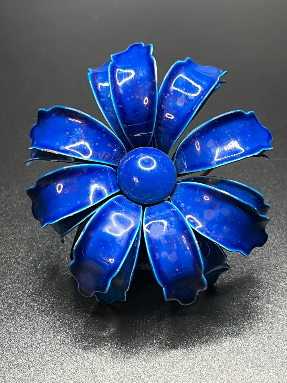 Vintage Cobalt Blue Enamel Flower Brooch Dimensional Statement Pin